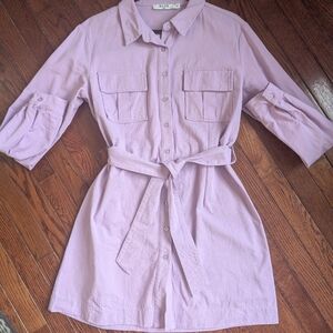 Lilac Button-Front Long Sleeve Shirt Dress with Tie Waist